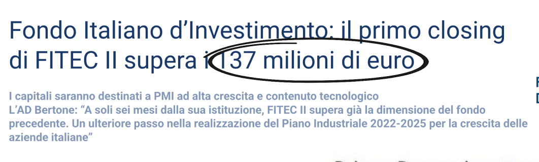 Fondo Italiano d'Investimento: Fondo Italiano d'Investimento: il primo closing di FITEC II supera i 137 milioni di euro